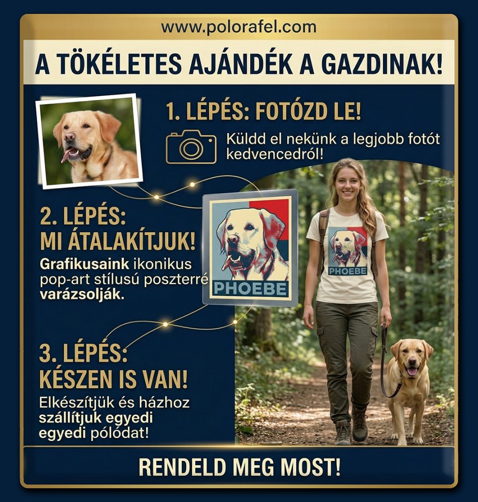 Egy nő sétál egy labrador kutyával az erdőben, miközben egy pólót visel, amelyen a kutyája képe látható. A háttérben reklámszöveg olvasható, amely az egyedi pólók rendeléséről szól.