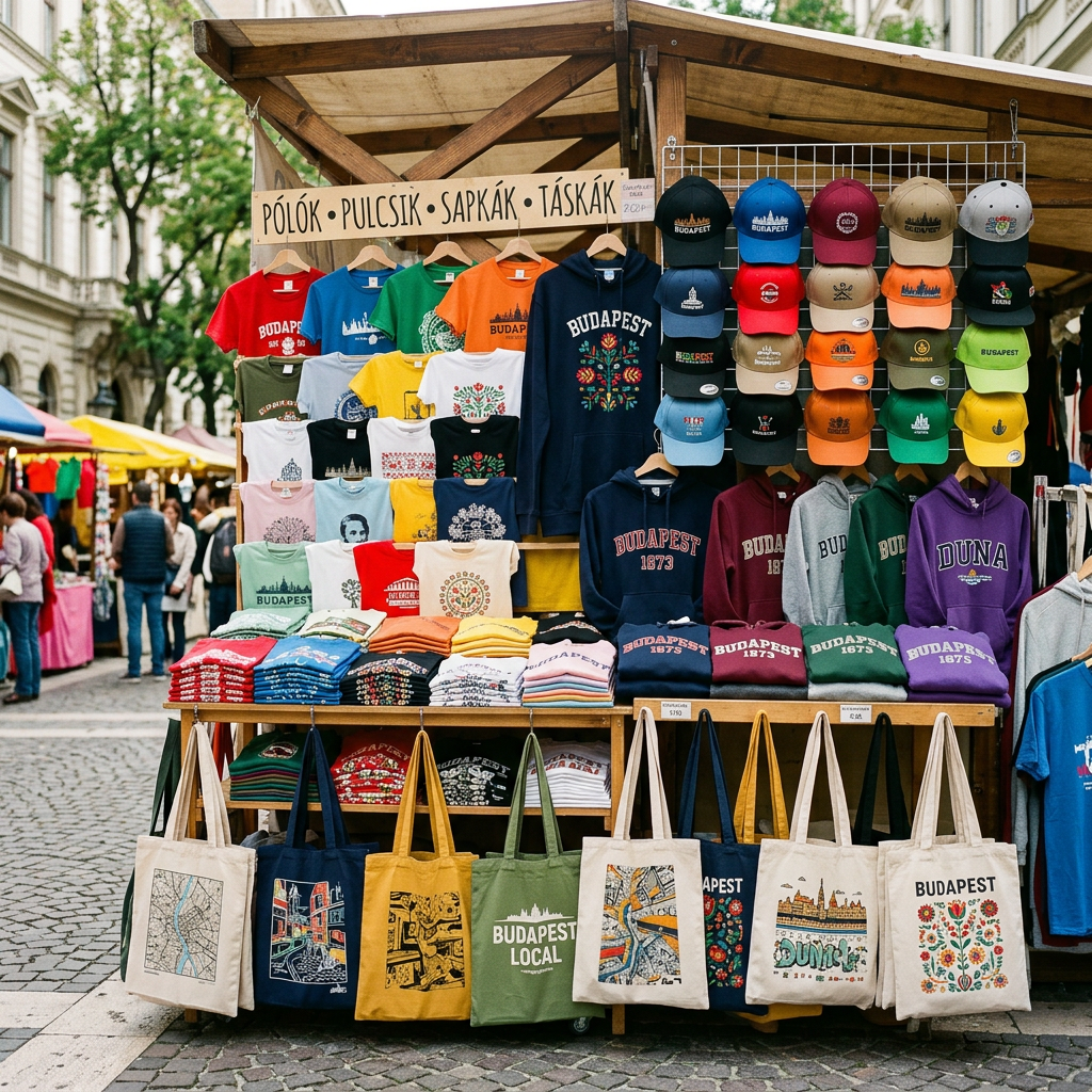 kifestő Budapest souvenir stall with clothing, caps, and tote bags